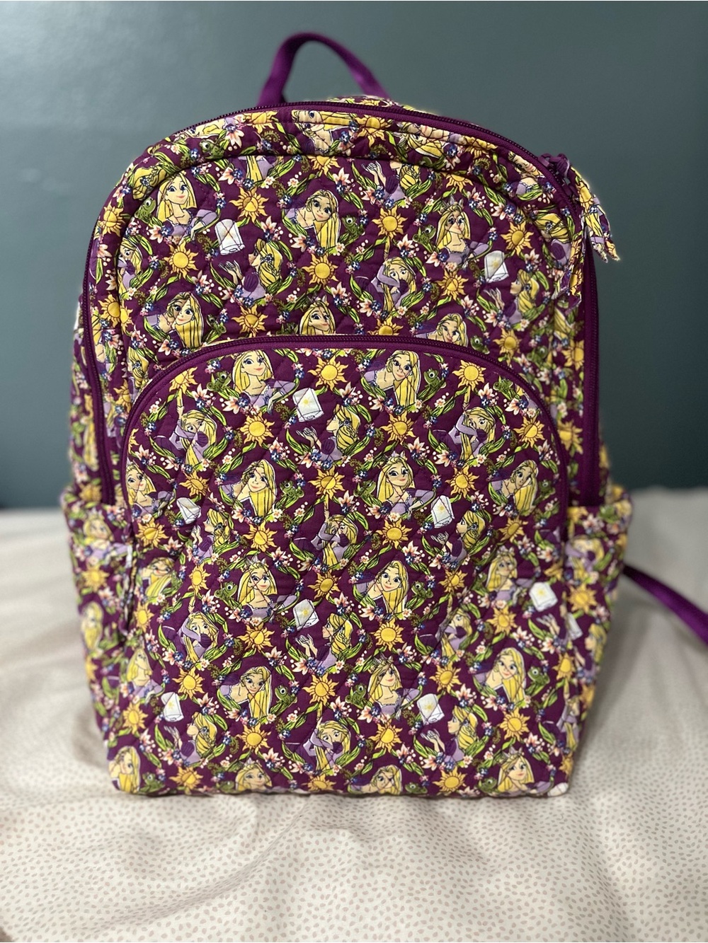 Vera Bradley xDisney Rapunzel Purple Floral Character Backpack one stained shown